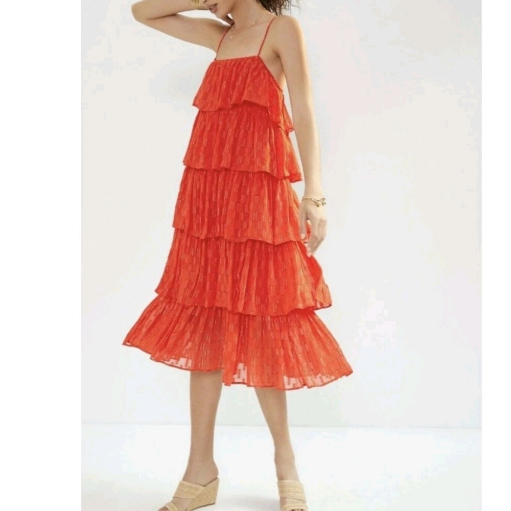 Anthro Tiered Dress Coral Orangrle W Metallic Highlights Size Medium NEW